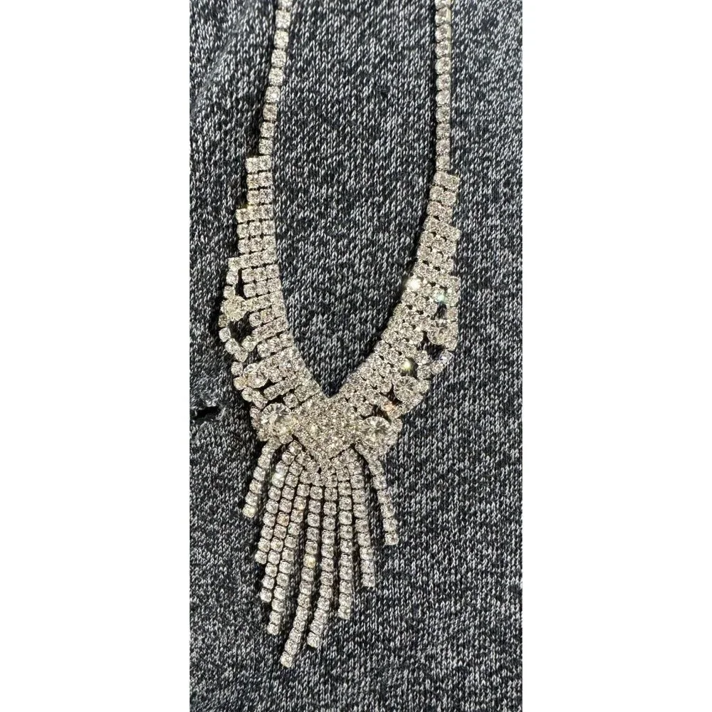 Crystal Fringe Necklace Rhinestone Waterfall Statement Choker Costume Jewelry - Picture 7 of 9
